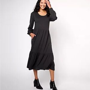 Canyon Retreat Washed Black Long Sleeve Tiered Dress